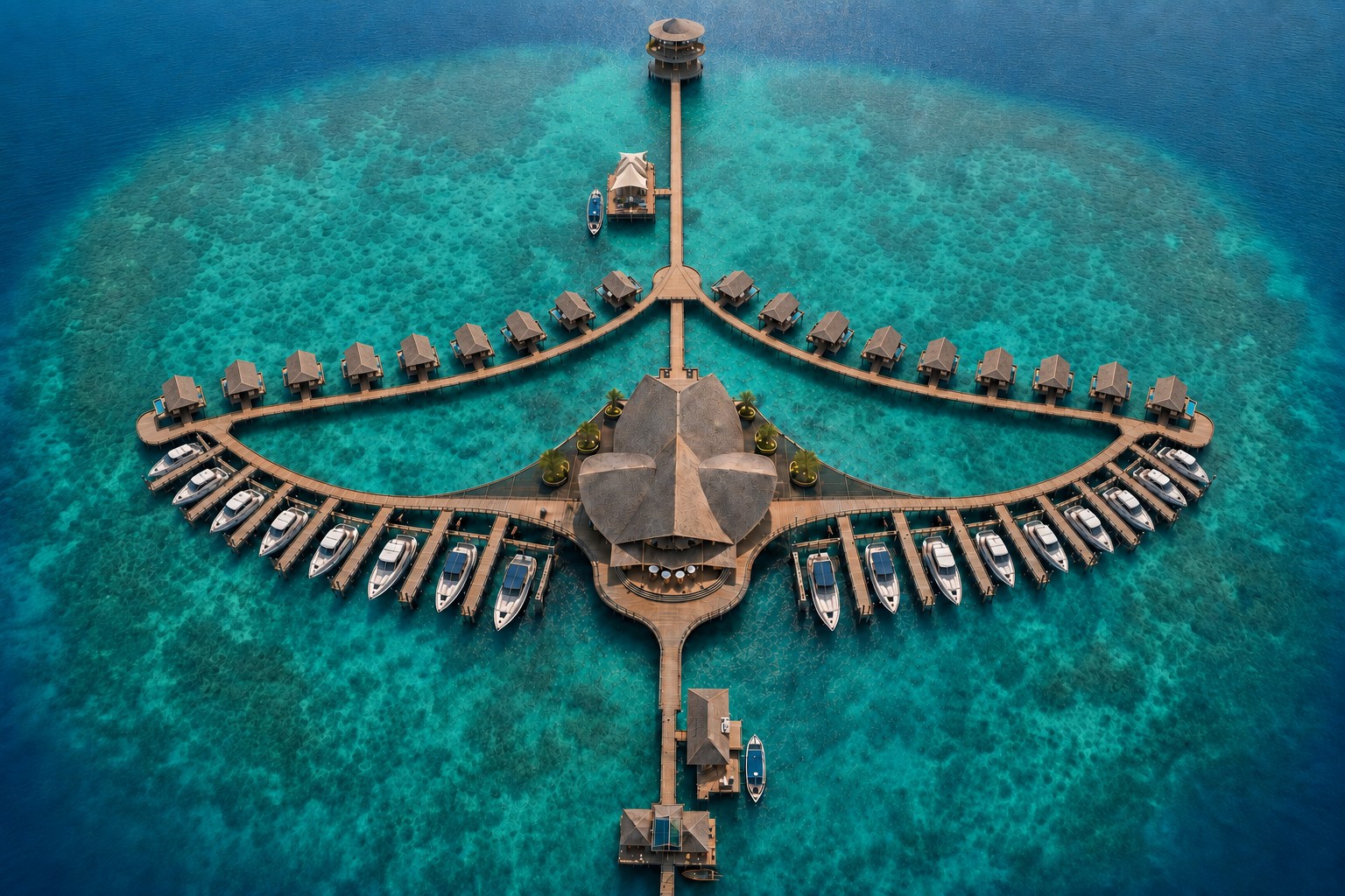 Official Phase 1 aerial masterplan concept of Manta Sanctuary Resort in open sea